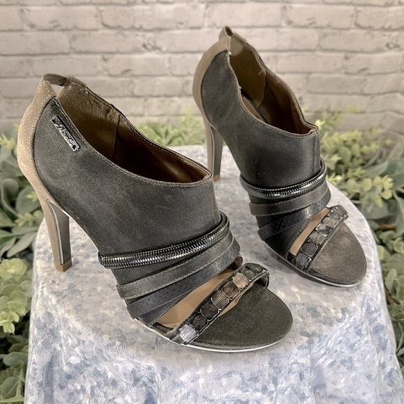 Diesel Palma Fossil Taupe Pewter Open Toe Suede/Satin Bootie Heels WMS 7M✨EUC✨ - Picture 11 of 11